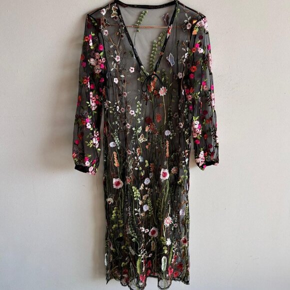 Unbranded Womens Embroidered Floral Cover Up Long Dress Black Size Medium - Picture 6 of 10